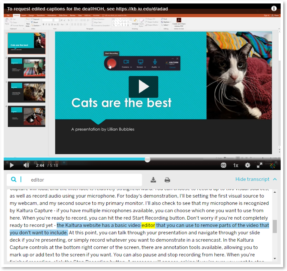 Screen capture of video with transcript