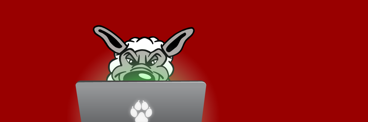 Cartoon image of a wolf in sheep's clothing at a laptop.